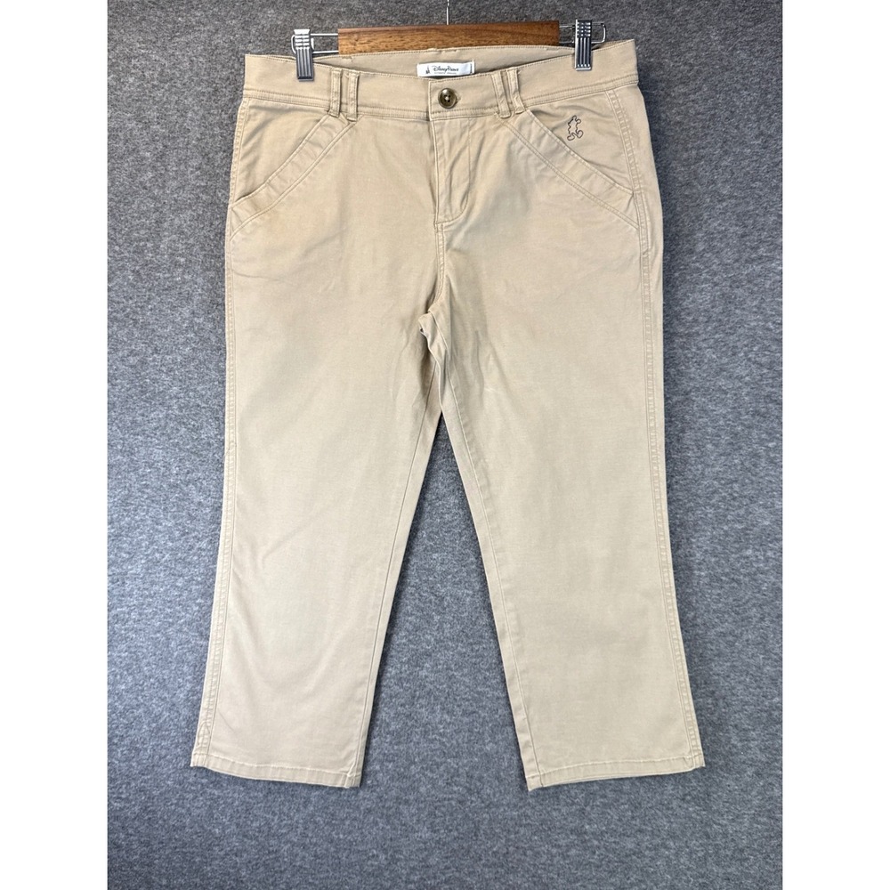 Disney Parks Chino Pants Womens 8 Khaki Embroidered Mickey Mouse Stretch Cropped
